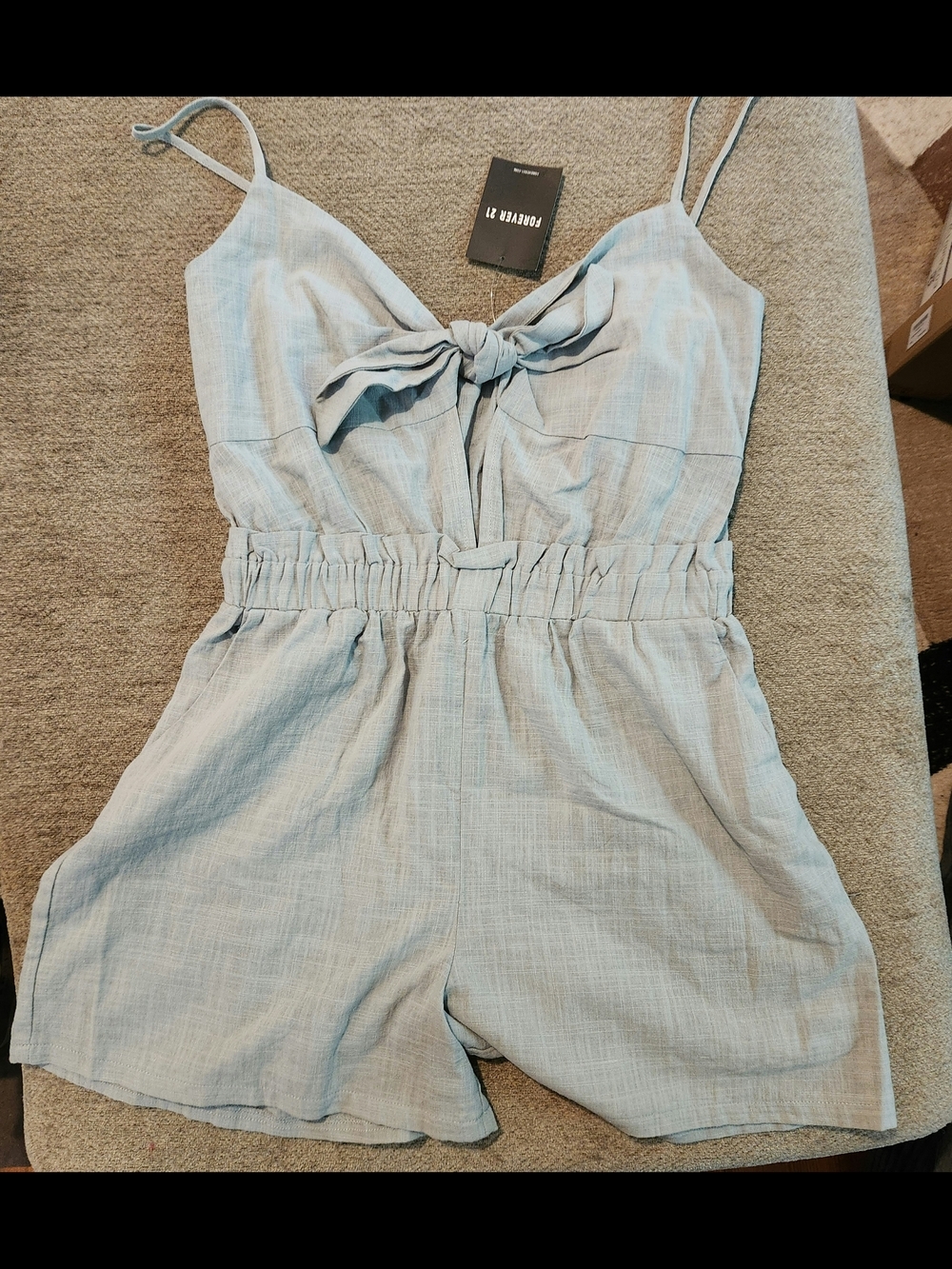 Forever 21 One Cloth's Light Blue/Green Linen-Blend Romper Small